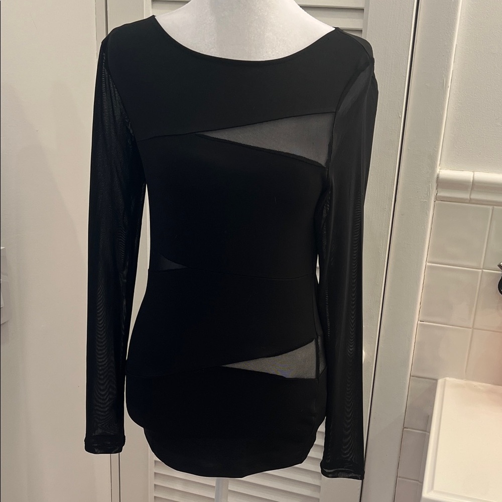 Black Mesh Panel Long Sleeve Top – Sheer Detail Blouse